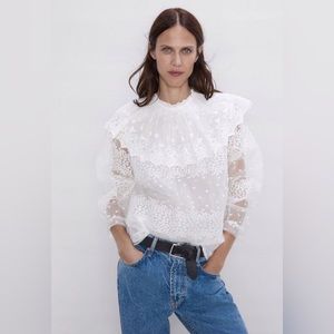 NWT: Zara White Sheer Ruffle Blouse